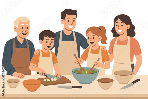 Vector cartoon illustration of a young multiracial couple and their biracial son and daughter having fun cooking a vegetable meal together at home, isolated on a white background