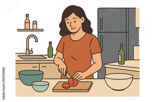 Flat colorful vector illustration of home cooking, depicting a woman and young girl preparing healthy meals in the kitchen, cutting vegetables as a pastime activity or culinary hobby