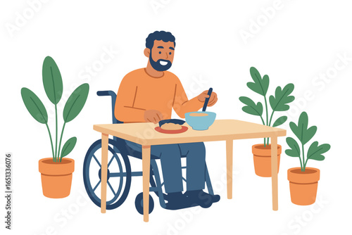 Depiction of a wheelchair user preparing a meal at home, showcasing an accessible and independent kitchen environment that highlights daily life and disability inclusivity through a clean and