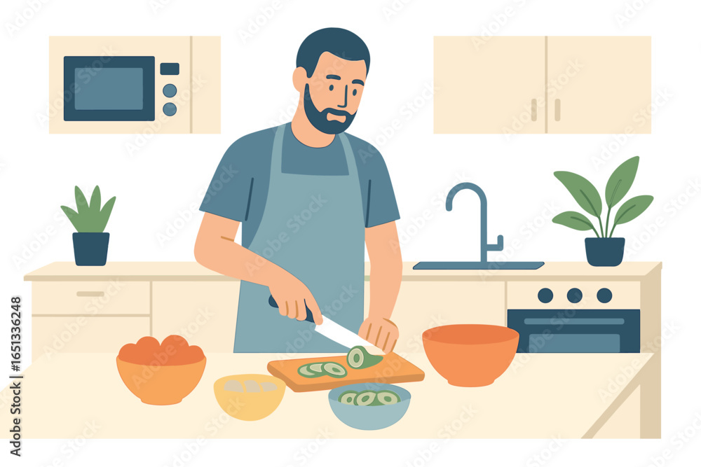 cheerful male chopping lettuce while preparing a fresh vegetable salad for healthy eating and nutrition in a modern home kitchen setting depicted in a horizontal vector illustration cheerful male chopping lettuce while preparing a fresh vegetable salad for healthy eating and nutrition in a modern home kitchen setting depicted in a horizontal vector illustration