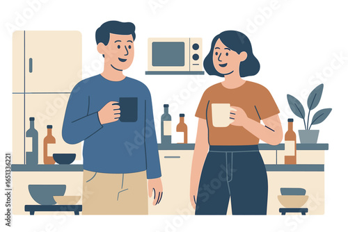Modern kitchen interior design flat vector illustration of men and women preparing food at home, a cooking show concept featuring young people cooking together as cartoon characters