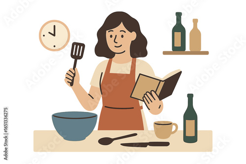 Flat vector illustration of a stressed young mother holding her baby amidst household chaos while managing domestic duties and daily routines, representing family and time management concepts