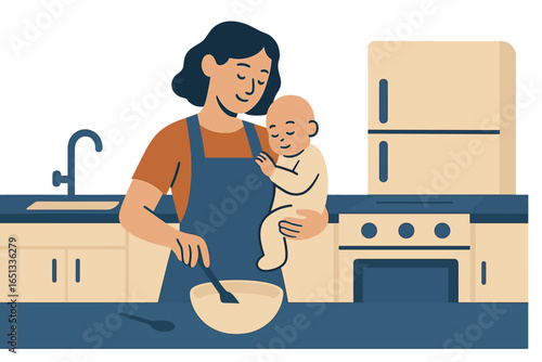 A cheerful young homemaker cartoon character is holding a bowl while cooking in the kitchen of her home apartment