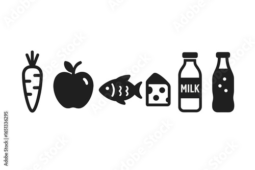 Essential grocery items are displayed in a simple flat layout, highlighting staples for daily meals and home snacks