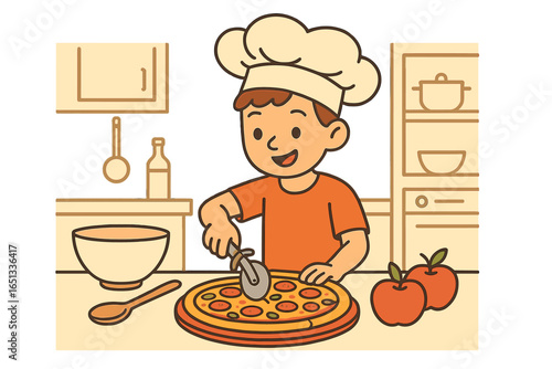 A joyful chef is happily preparing a homemade pizza in a kitchen setting