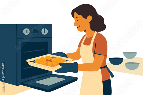 A woman is preparing a meal in her oven at home for the purpose of illustrating a cookbook