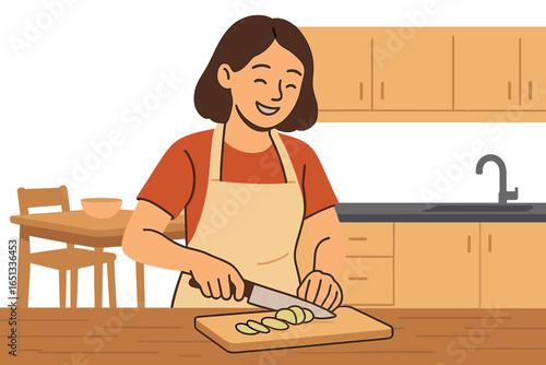 Illustrations of a female character engaging in culinary activities within a domestic setting and appreciating the cooking experience in a vector format collection