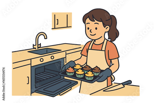 Illustration of a happy girl baking muffins in the kitchen at home during the cooking process