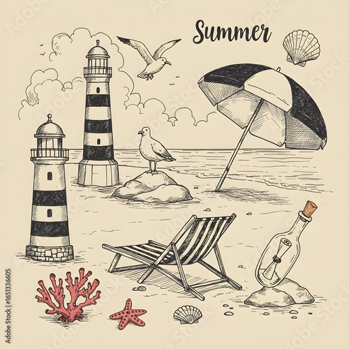 Summer beach scene with lighthouses, chair, umbrella, and sea elements  