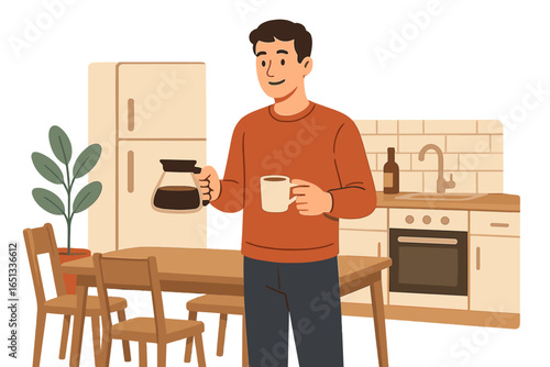 relaxed male figure enjoying coffee while preparing meal in contemporary kitchen setting horizontal vector portrait illustration of happy homemaker