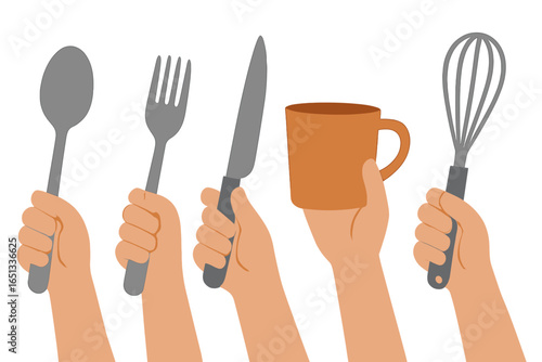 Illustration of hands holding kitchen utensils for cooking, preparing meals at home, and creating dishes, featuring cutlery and appliances for recipes in a flat cartoon vector style