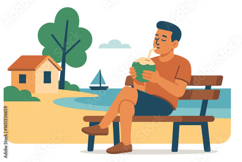 A young man wearing digital glasses sits on a sun lounger with virtual reality vision at a villa house on a tropical beach for a summer vacation concept on a flat copy space