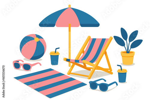 Vibrant summer beach accessories such as a life preserver, beverages, and sunglasses are set against a white background