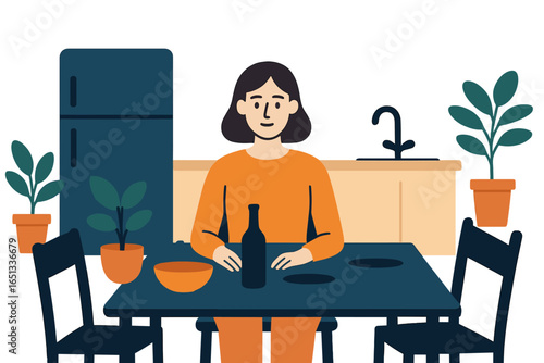black female chef cooking meal in domestic kitchen online recipe concept modern home interior computer screen window horizontal portrait vector graphic illustration