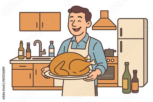 Modern kitchen interior with a man preparing turkey at home, incorporating an online cooking concept, displayed as a horizontal full-length vector illustration within a web browser window