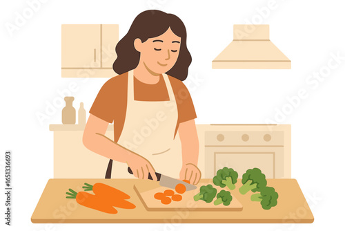 Flat vector illustrations of women preparing and consuming meals at home, including breakfast, dinner with wine, and cooking, isolated on a white background