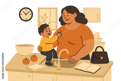 A busy mother is depicted holding her baby while multitasking, as she works, cares for her children, and cooks in a chaotic home environment, in a flat vector illustration representing family and