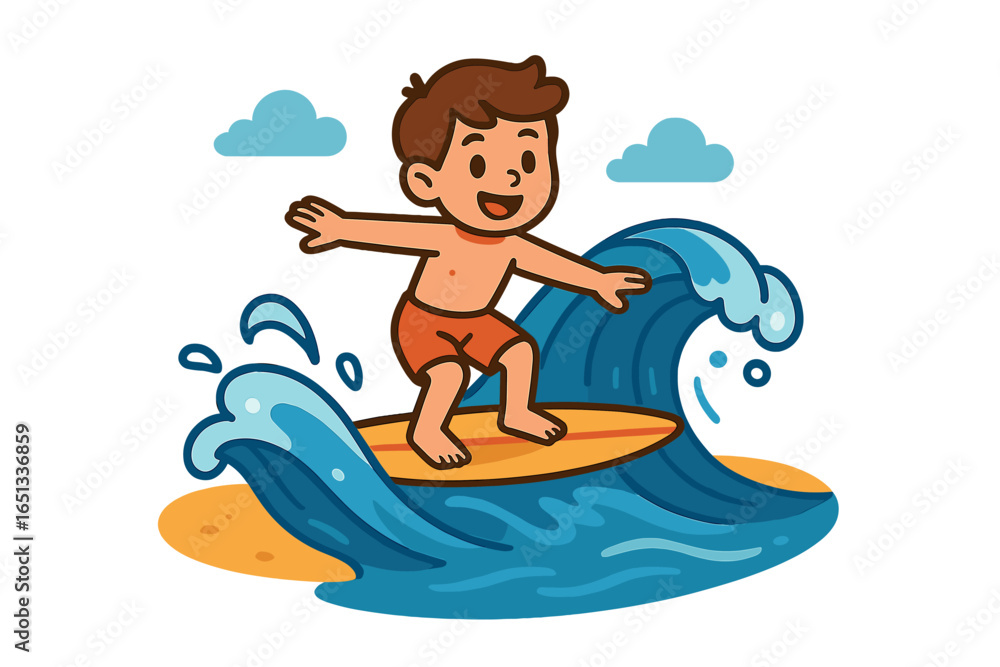 Adorable animated boy windsurfing in the ocean beside a tropical island, ideal for children's printables, summer athletics, and seaside artwork Adorable animated boy windsurfing in the ocean beside a tropical island, ideal for children's printables, summer athletics, and seaside artwork