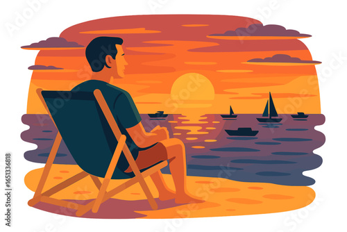 Silhouette of an Asian male traveler unwinding on the beach, epitomizing a summer lifestyle