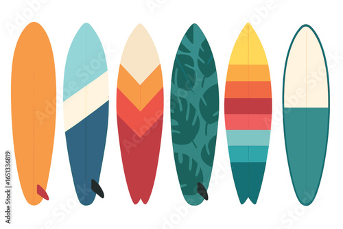 Cartoon vector illustration of various surf tables in flat style, isolated on a white background, including a vector surfboard set