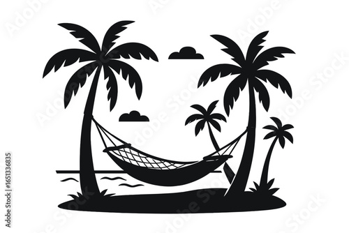 Serenely swaying palm trees surround a tranquil beach hammock overlooking a breathtaking ocean sunset in a perfect paradise getaway