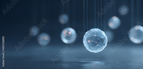 quantum computing concept background with glowing qubits suspended in crystal spheres
