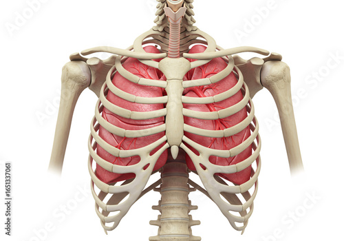 Anatomical illustration of the human rib cage with lungs and spine isolated on transparent background