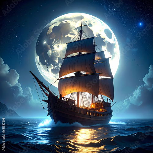 Wallpaper Mural Sailing ship under moonlight Torontodigital.ca