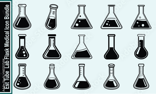 Scientific Study Lab Flasks Collection of Vector Icons in Est Tube Medical Bundle