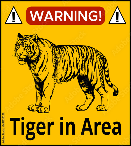 Warning Sign With Tiger Illustration on Yellow Background. Wild Animal Caution Poster