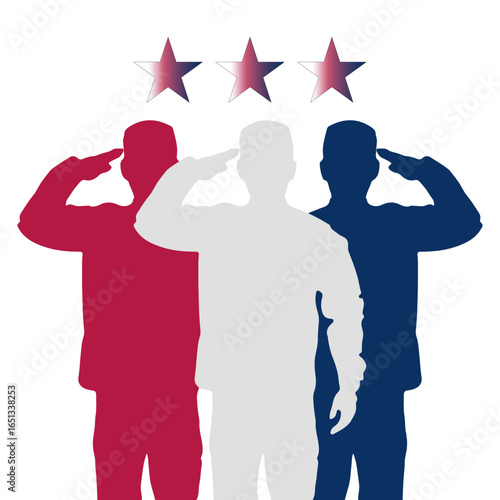 Patriotic Soldiers Silhouette with Three Stars Flat Design in a White Background