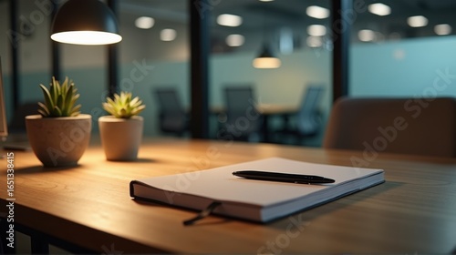 Wallpaper Mural Neat wooden desk with leather-bound planner, black pen, and succulent plant in corporate meeting room Torontodigital.ca