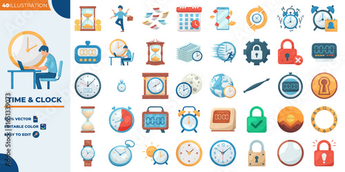 Time And Clock Editable illustration set. Vector illustration in modern style of time, clock, date, calendar, schedule, planning etc