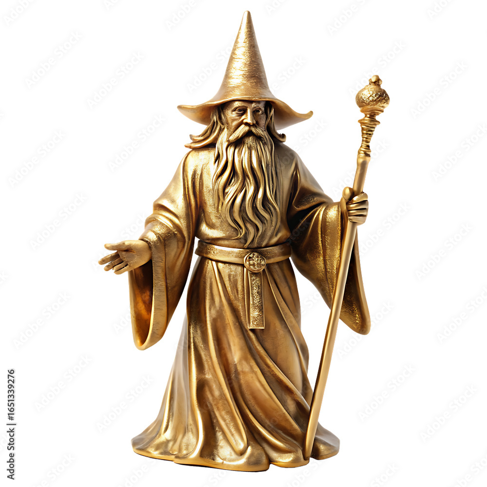 Obraz premium Golden wizard sculpture art isolated on white background PNG.AI Generated.