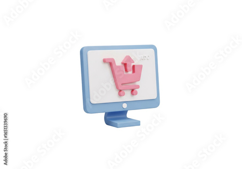 Stylized 3d computer monitor displaying a pink shopping cart icon representing online shopping and e commerce isolated on transparent background