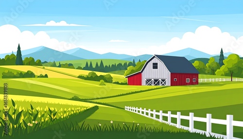 Rural Barn with Green Hills, and Sunny Day.