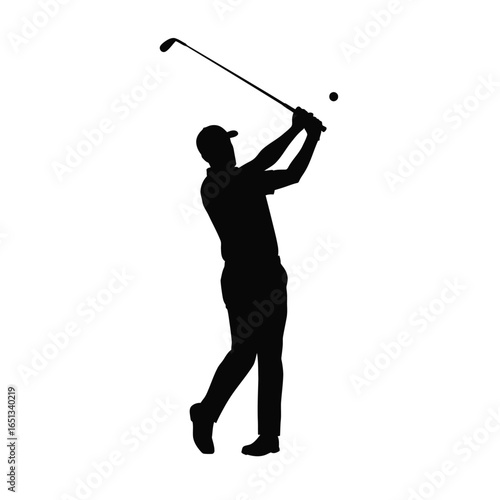 Golfer swinging club hitting ball sport