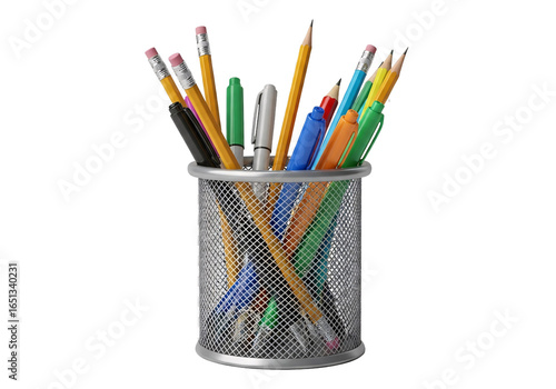 A metal mesh cup filled with a variety of colored pencils pens and markers isolated on transparent background