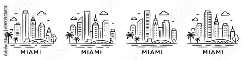 Miami city skyline, 4 vector drawings