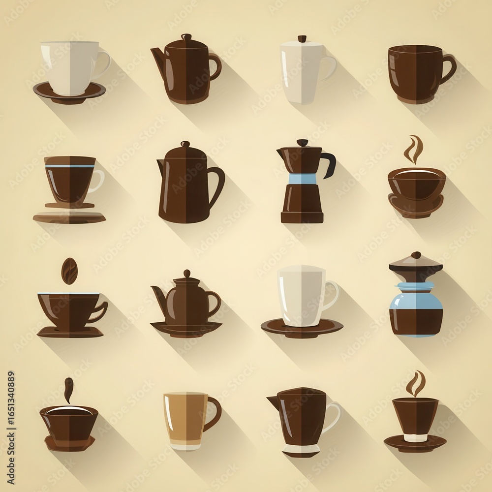 Obraz premium Flat coffee and tea brewing icons set with long shadows.