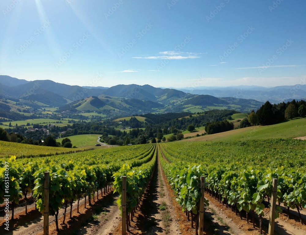 Fototapeta premium A serene vineyard landscape bathed in sunlight, with rows of green grapevines stretching towards distant hills and mountains under a clear blue sky
