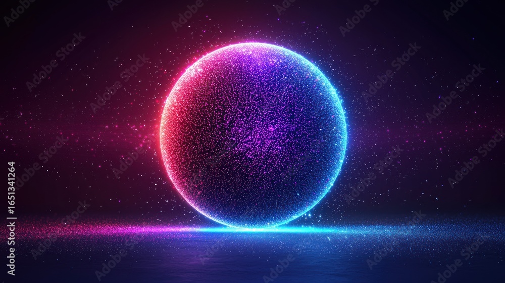 Glowing sphere with pink and blue light, surrounded by small particles Glowing sphere with pink and blue light, surrounded by small particles