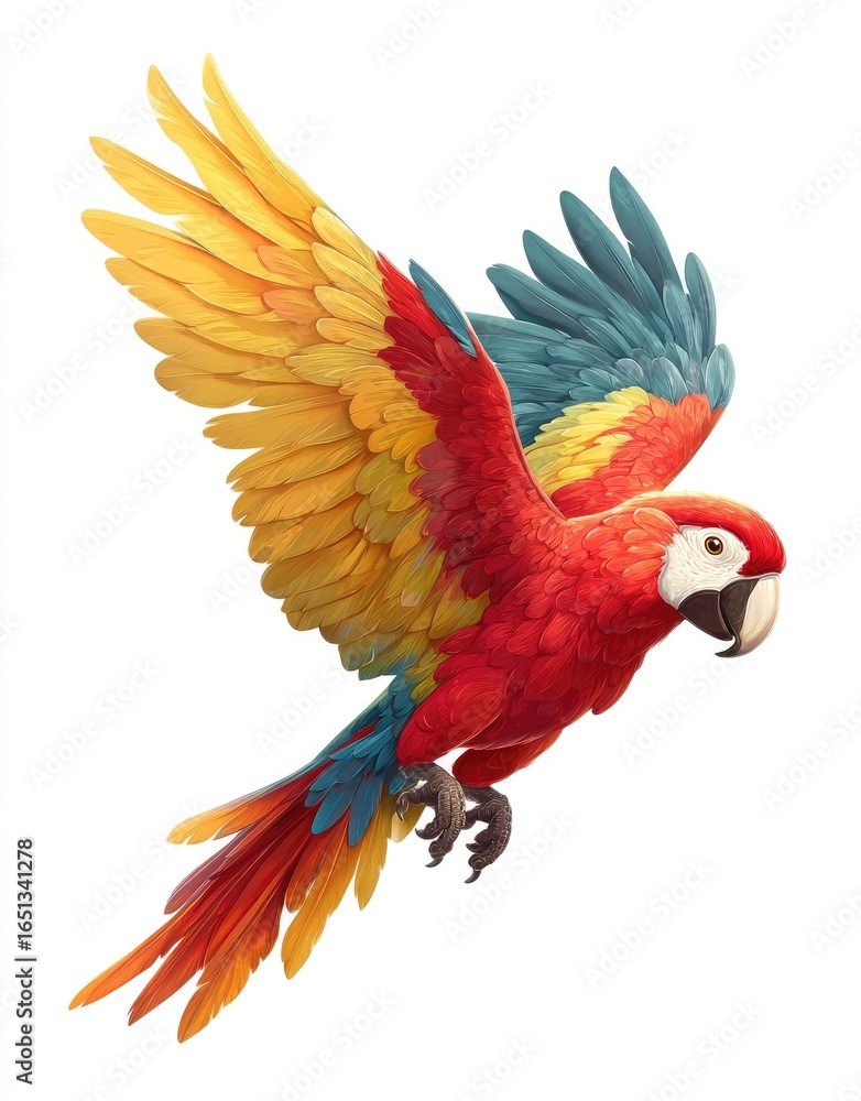 Obraz premium Vibrant macaw in flight against white background