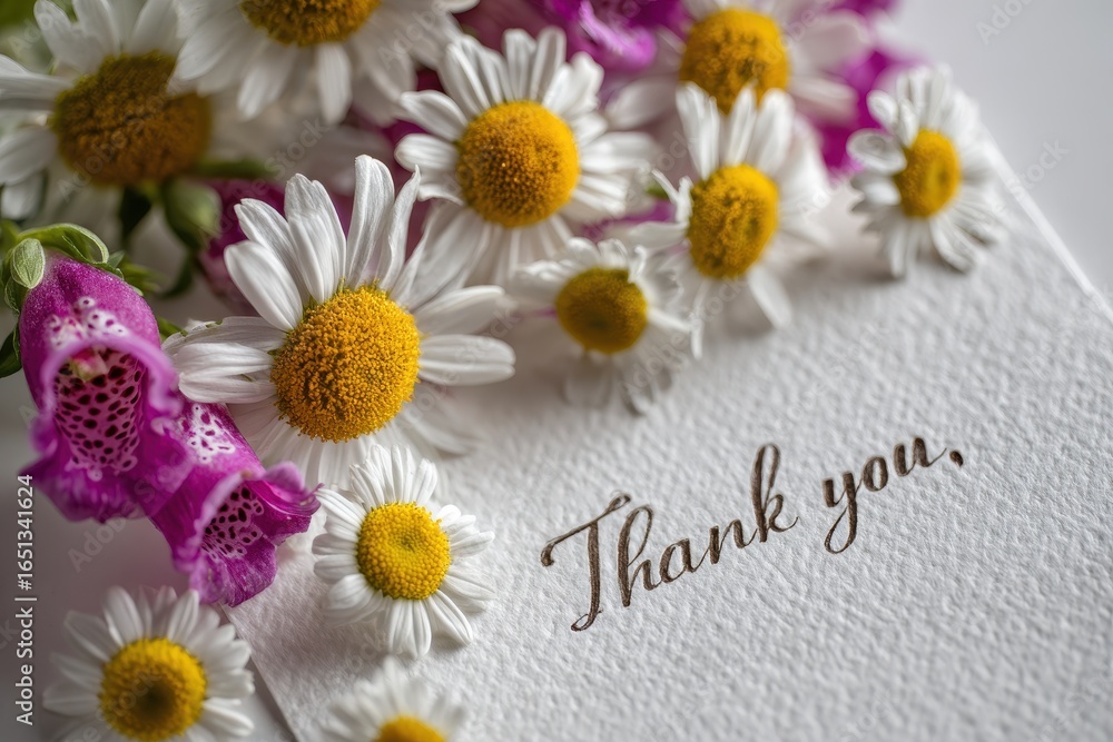 Obraz premium Gratitude Bloom: A Heartfelt Greeting Card Featuring Snapdragons and Daisies with 'Thank You' Text