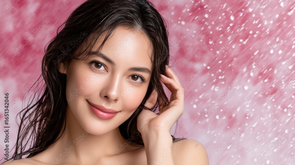 Fototapeta premium Beauty Portrait of a Smiling Woman with Wet Hair Against a Gentle Rain Background