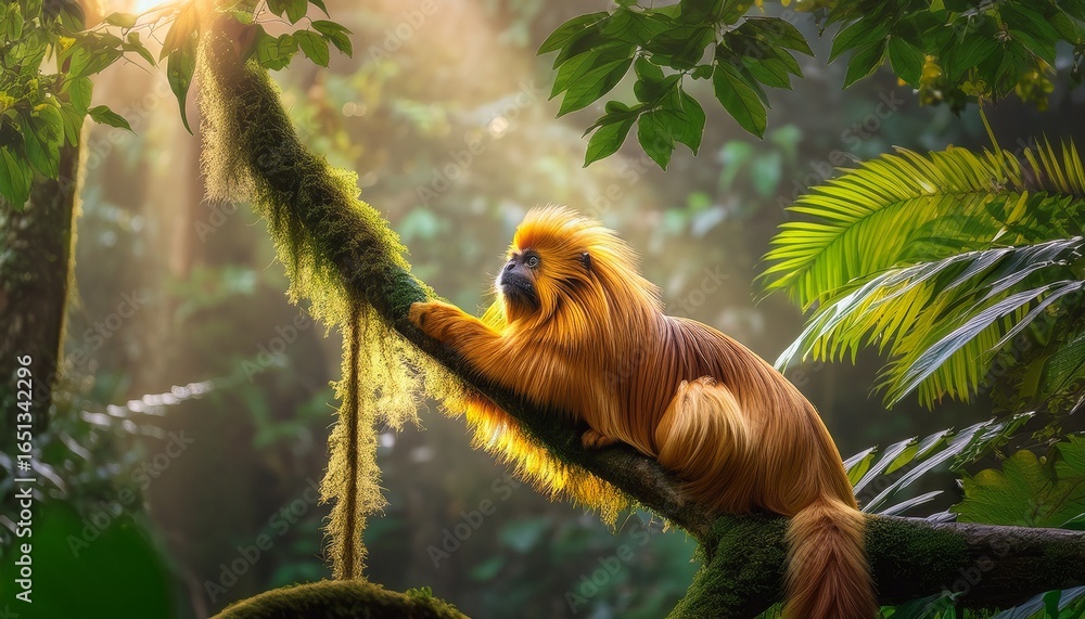 Obraz premium a golden lion tamarin perched on a branch in a dense tropical rainforest its bright golden fur standing out against the lush greenery the morning mist and filtered sunlight create a
