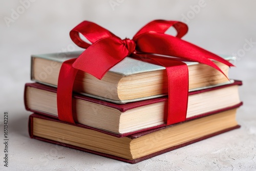 Stacked Book Bundle Decorated with Red Ribbon and Bow - Perfect Gift Concept with Copy Space