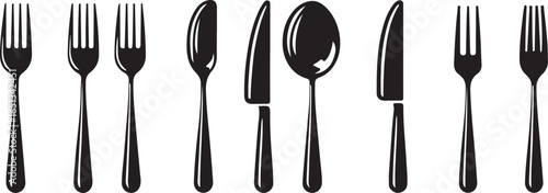 Fork, knife, spoon and plate set icons. Tableware set flat style. Dinnerservice collection. Plate, fork and knife for apps and websites