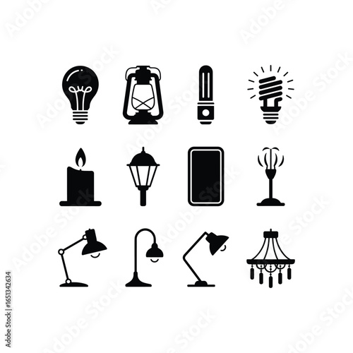 Collection of various light source icons in silhouette