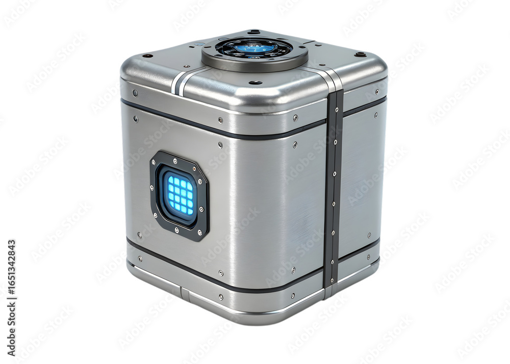 Obraz premium Isometric view of a futuristic metallic cube with a blue screen and round top design